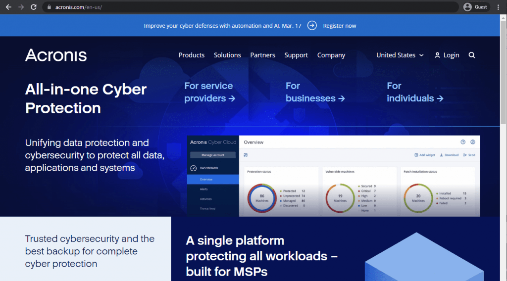 acronis cyber backup landing page