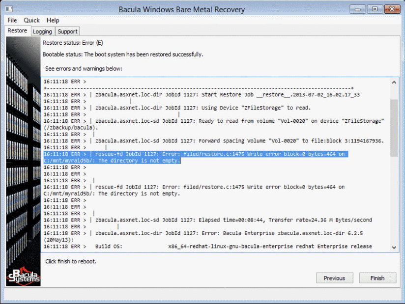 final bacula windows bare metal recovery screen