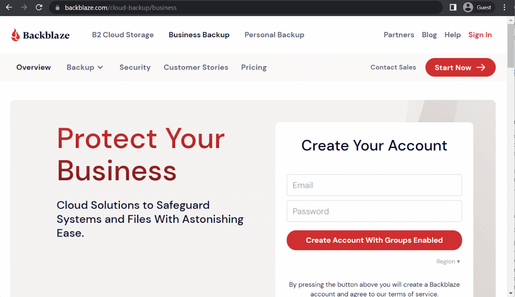 backblaze landing page