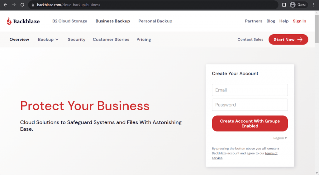 backblaze landing page
