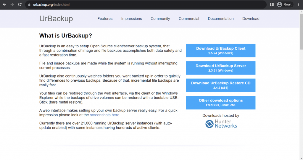 urbackup landing page